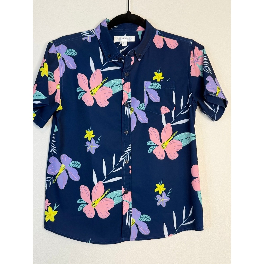 Vintage Summer Boys Navy Blue Tropical Hibiscus Floral Button Down Shirt Size 12